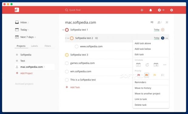 The Todoist main window where you get to view the list of tasks and manage their configuration