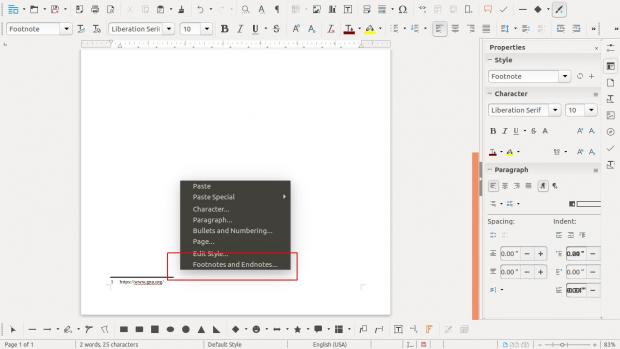 Footnotes and Endnotes context menu entry in Writer