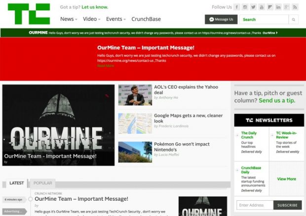 Defacement message on the TechCrunch homepage