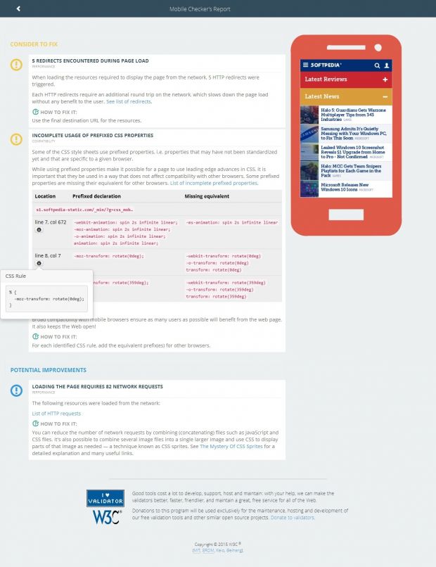 Edit suggestions are shown with each W3C Mobile Checker report