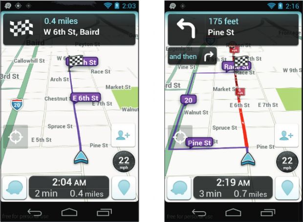 Inserting a fake traffic jam (red, right) inside the Waze app