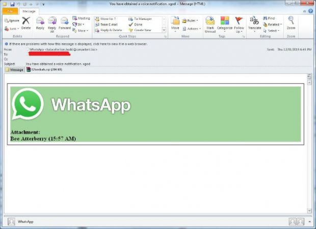 Sample WhatsApp-themed spam email