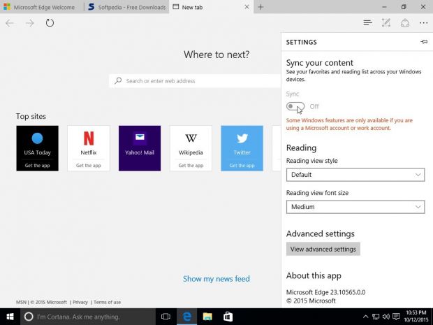 Sync options in the updated Edge browser