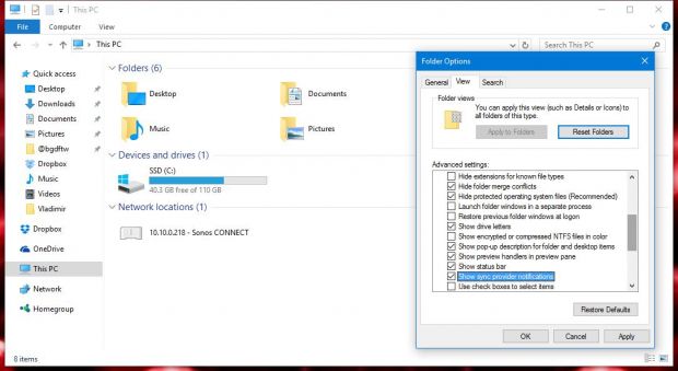 The option to disable notifications in File Explorer