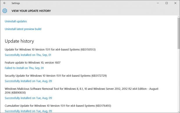 This is what Windows update history looks like in stable versions of Windows 10