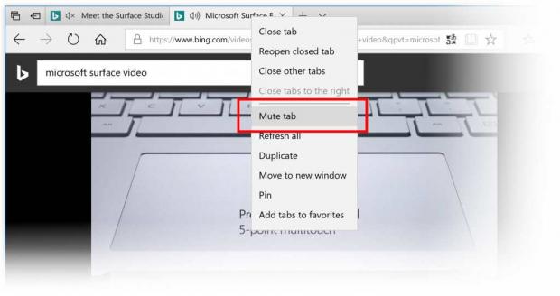 Options to mute tabs in Microsoft Edge