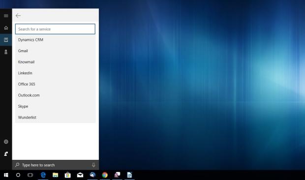 Connected Services in Cortana on Windows 10 desktop