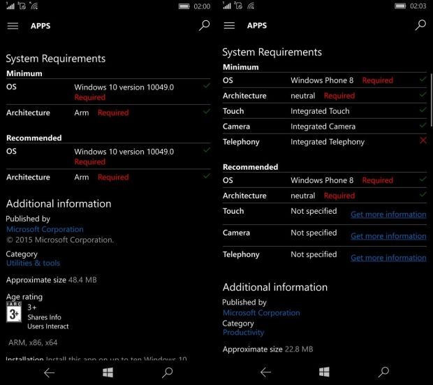 App requirements displayed on Windows 10 Mobile