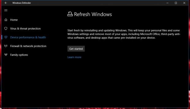 The new Refresh Windows option included in Windows Defender