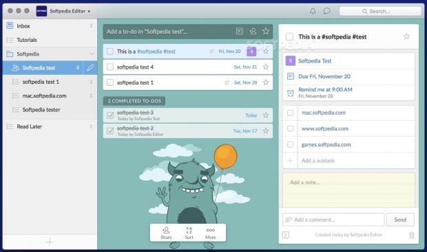 The Wunderlist main window, where you can add new tasks and organize them into lists