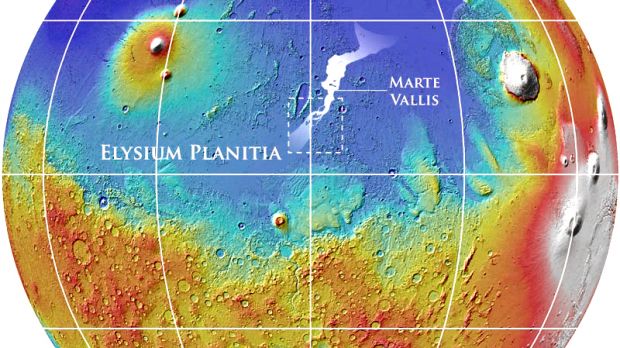 Marte Vallis on the surface of Mars, on a topographical map of the planet