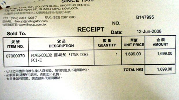 The receipt for a Power Color HD 4850 graphics card