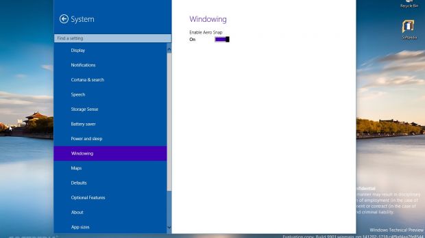 Aero Snap settings on Windows 10