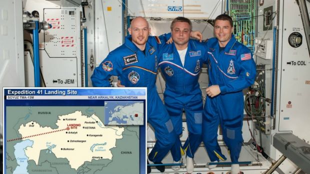 Photo shows the three astronauts while still aboard the International Space Station