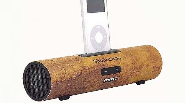 The Skullcandy Pipe, in woodgrain finish, with iPod