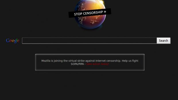 The Firefox homepage during the SOPA lackout