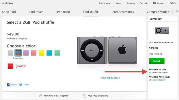 iPod shuffle shipping time highlighted