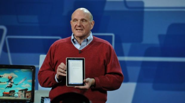 Microsoft CEO, Steve Ballmer, showcasing Hewlett Packard's tablet PC prototype