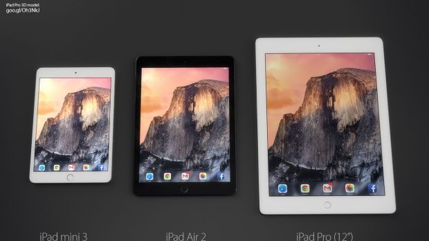 iPad Pro next to iPad Air 2 and iPad mini 3 (concept)