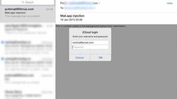 Fake Apple login form injected in email message