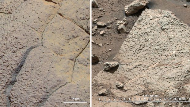 Two very similar rocks discovered by the Opportunity (left) and Curiosity (right) rovers on different sides of Mars. Both were formed in the presence of water
