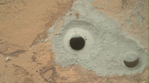 Curiosity has drilled deep enough to recover samples, to the left is the first test hole