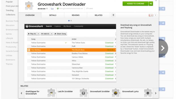 The Grooveshark Downloader Chrome extension in the Web Store