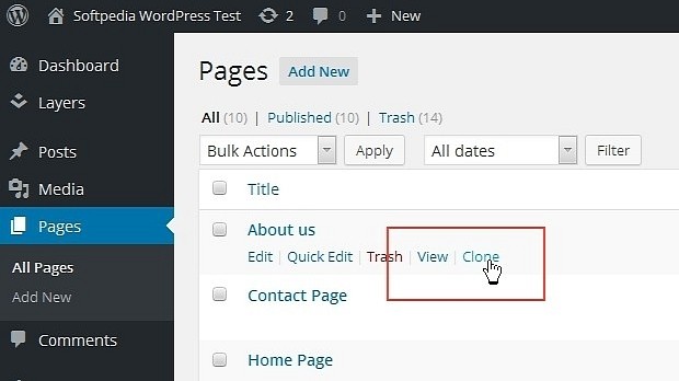 The Clone Posts plugin adds a simple "Clone" link to post/page listings