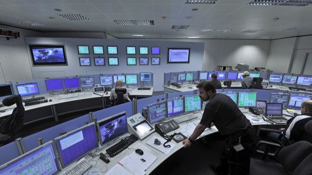 This is the ESA tracking station control room at the European Space Operations Center (ESOC). in Germany