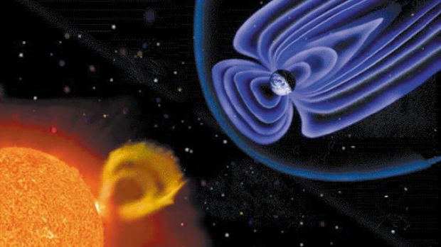 Artistic impression of the effect of solar wind pressing on the Earth's magnetic field