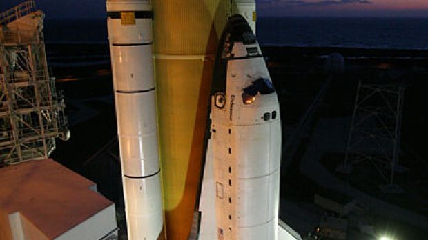 Endeavor on the launch pad, moments before lifting off