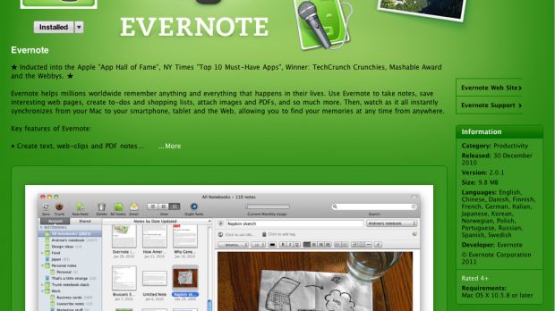 Mac App Store featuring Evernote (screenshot)
