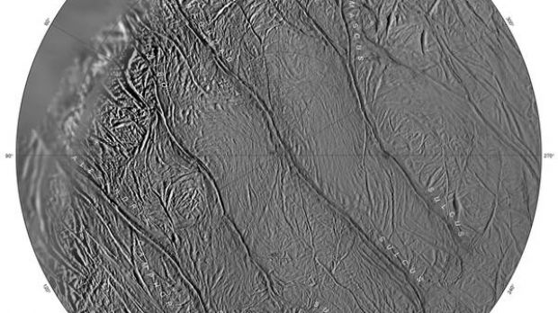 Composite map of south pole of Saturnian moon Enceladus