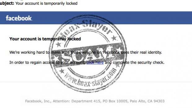 Fake email claiming to be a security check from Facebook