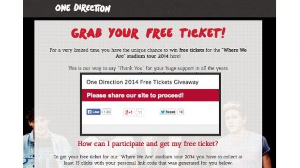 One Direction ticket giveaway scam