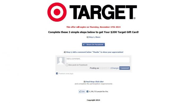 Scammy page hosting fake offer for Target voucher