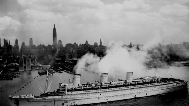 The RMS Queen Mary was launched in 1934. In this picture it is docked in the New York Harbor, in 1945