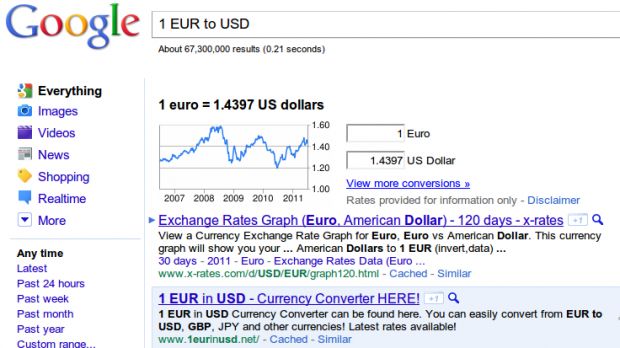 The new Google Search currency conversion tool