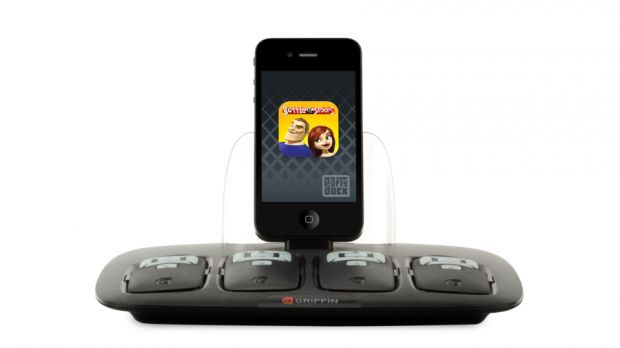 Griffin PartyDock promo material featuring iPhone 4 and a specifically designed application