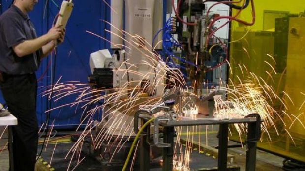Image of a spot welding robot during operation