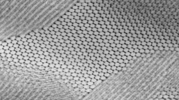 This electron micrograph shows a self-assembled composite in which nanoparticles of lead sulfide have arranged themselves in a hexagonal grid