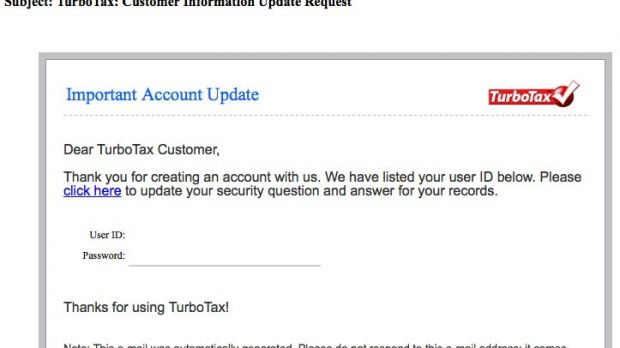 Phishing email asking for a TurboTax account update