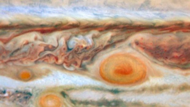 Image of the three giant red storms in Jupiter's atmosphere taken earlier this year