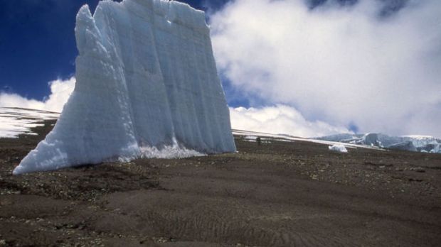 One of a growing number of isolated remnants of Kilimanjaro ice spires, once full glaciers