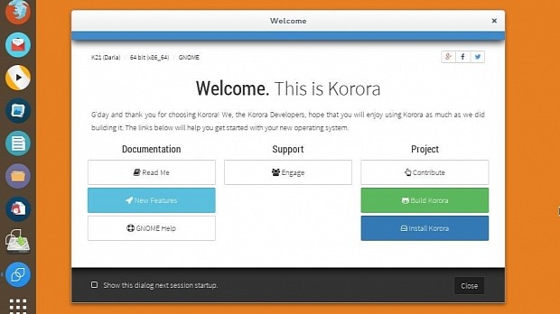 The Welcome screen of Korora 21 GNOME Edition