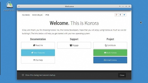 The Welcome screen of Korora 21 Xfce Edition