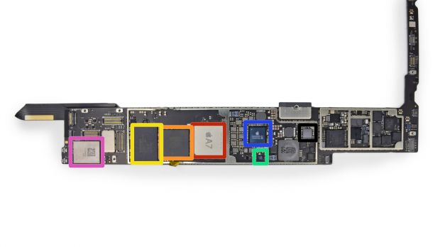 iPad Air 2 motherboard with various chips highlighted