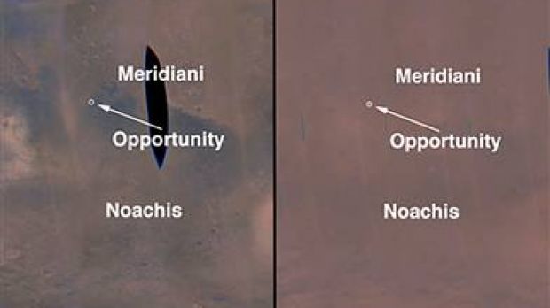 The view at left was captured by NASA's Mars Reconnaissance Orbiter on June 22 (with a black data dropout in the middle). At right is the same view from July 17.
