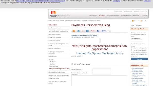 MasterCard website apparently hacked by Syrian Electronic Army