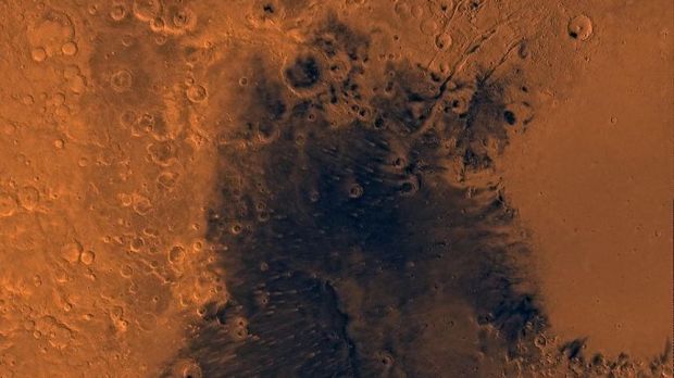 Mars digital-image mosaic merged with color of the MC-13 quadrangle, Syrtis Major region of Mars